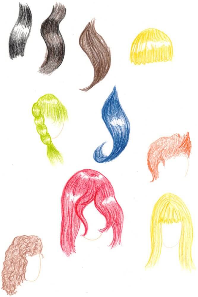 Frisuren zeichnen und verschiedene Haarfarben malen