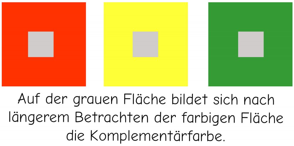 Simultankontrast Beispiel 2 mit gelber und grüner Farbfläche auf der ein graues Feld abgebildet ist.