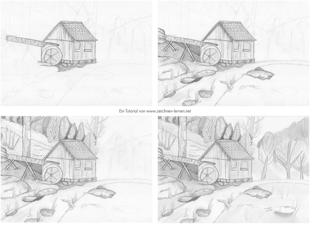 Landscape drawing Mountain hut Pencil drawing - Step by step