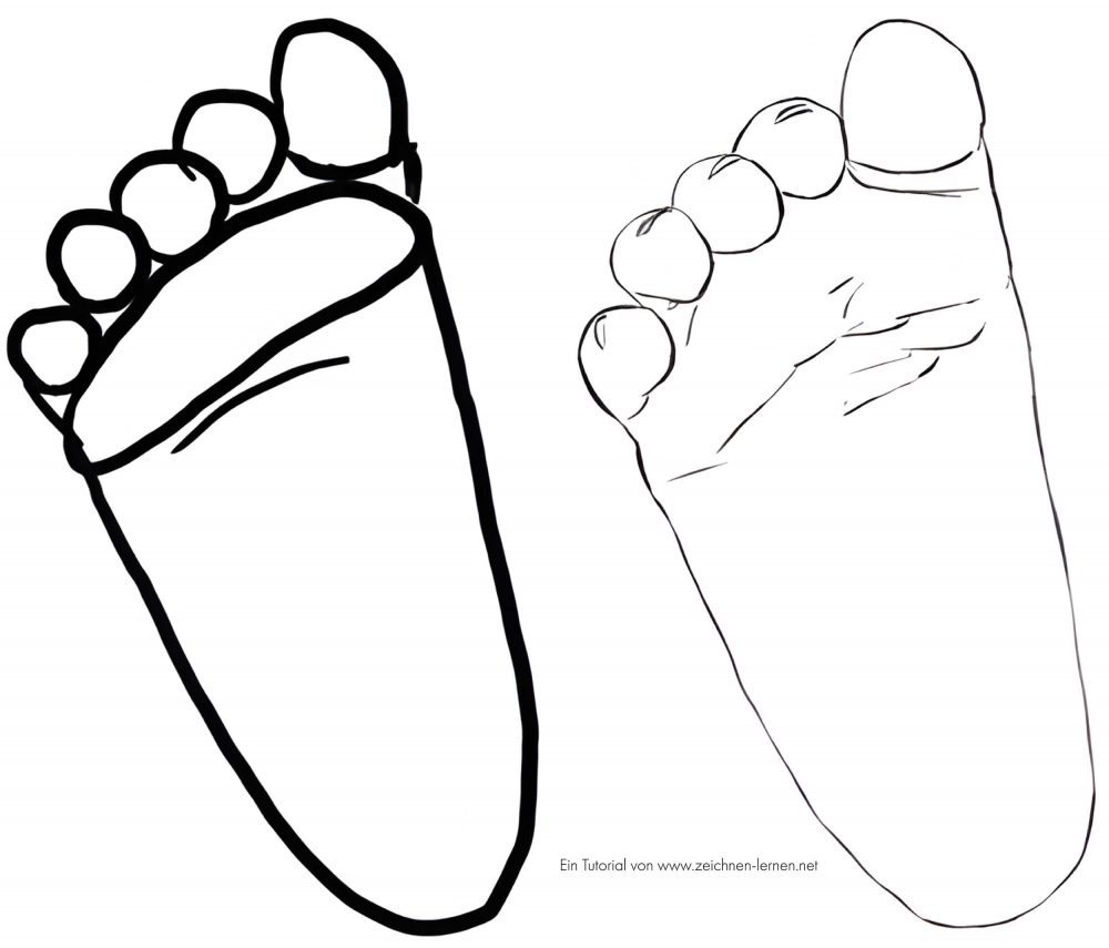 Pasos de dibujo de la planta de un pie de bebé visto desde abajo