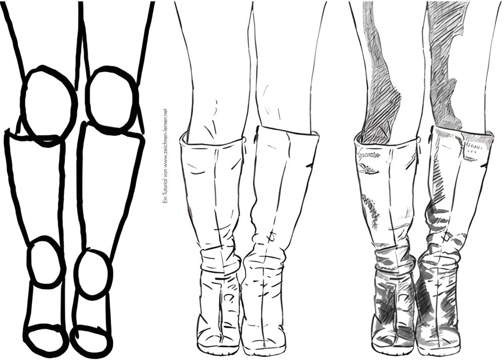 Étapes de dessin de jambes dans des bottes hautes