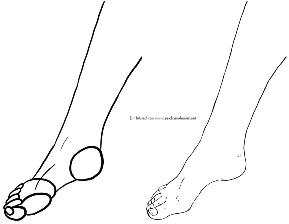 Étapes de dessin d'un pied et d'une jambe de côté
