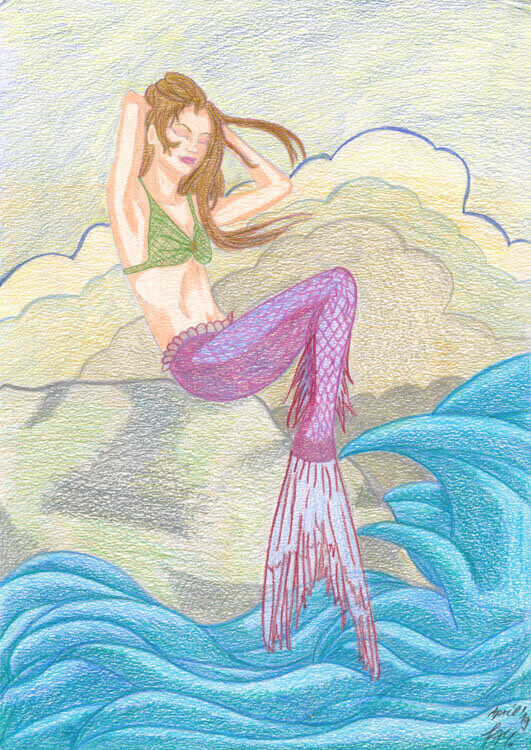 Sirène assise sur un rocher Coloriage au crayon de couleur