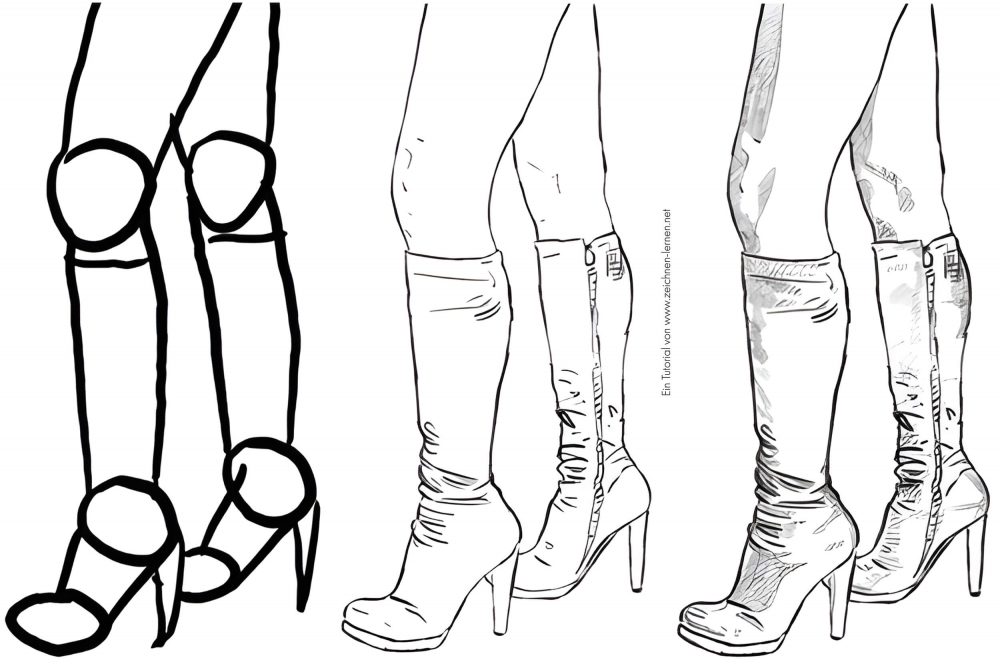 Étapes de dessin de jambes dans des bottes