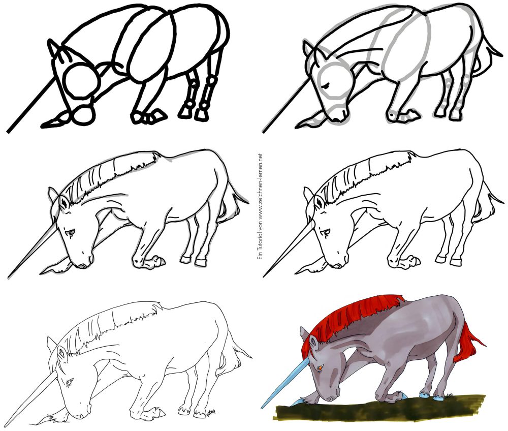 Tutorial for Drawing a Kneeling Unicorn in Individual Steps