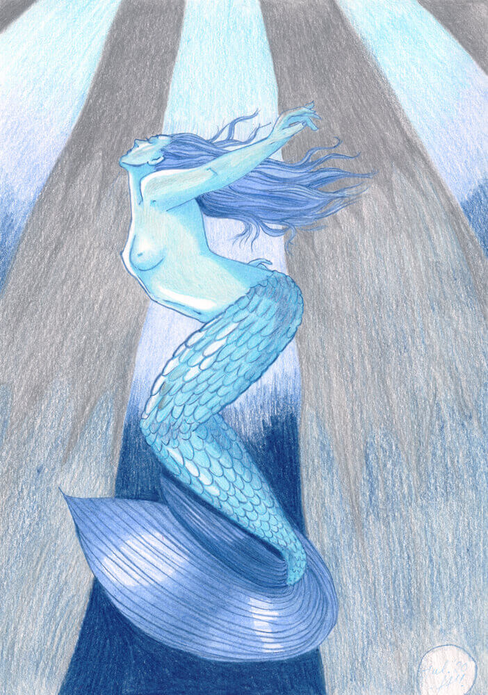 Meerjungfrau in blau / grau mit Aquarellbuntstift