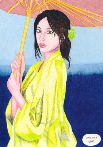 Mujer asiática con paraguas en traje tradicional