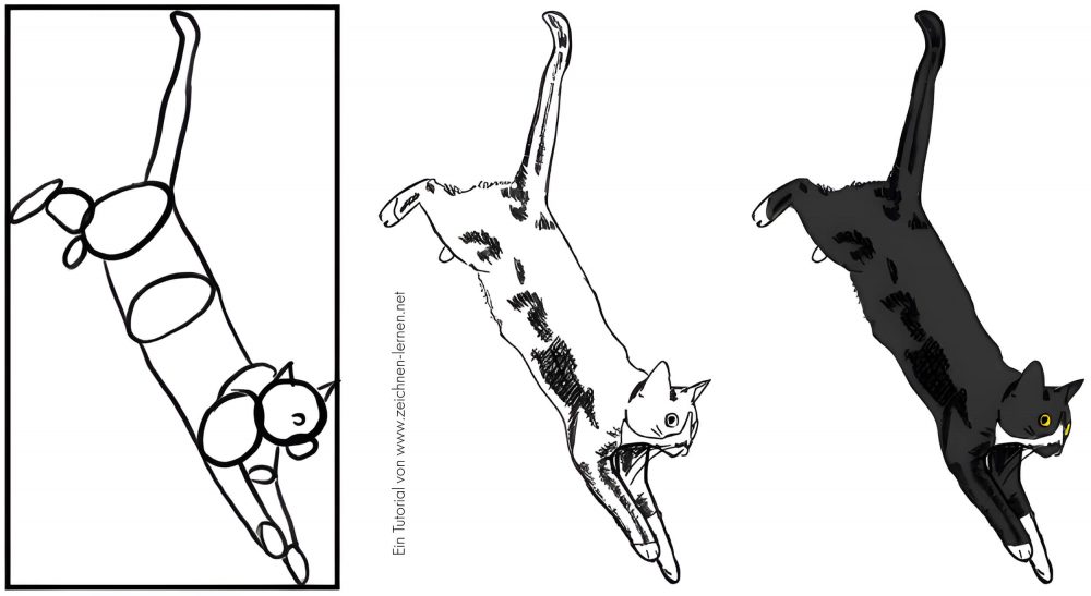 Katze springt runter - Skizze zur Zeichnung