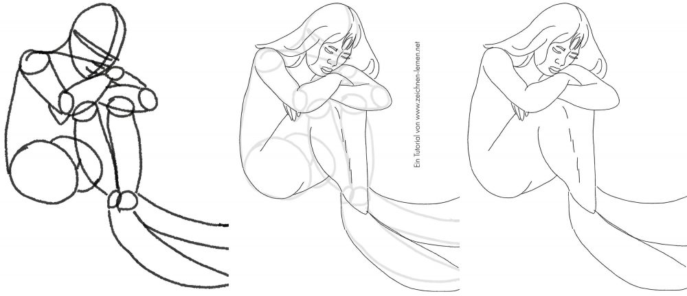 Sketch of a crouching mermaid with crossed arms
