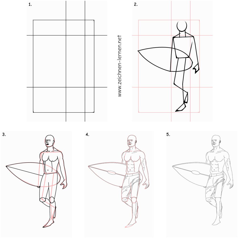 Guide étape par étape pour dessiner un homme avec une planche de surf