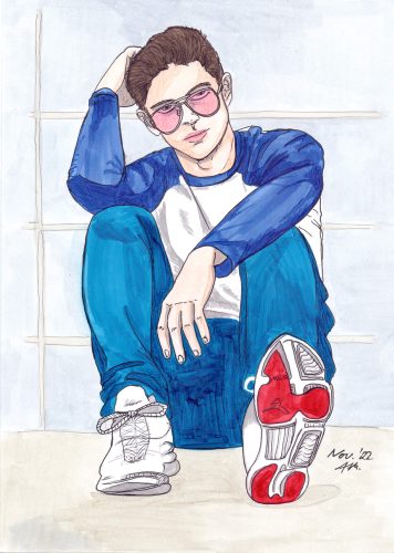 Marker coloring of a young man casually sitting on the floor