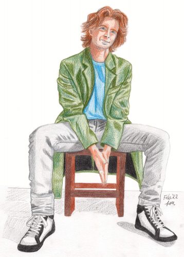 Dibujo a lápiz de color de un joven hombre sentado con las piernas abiertas en una silla