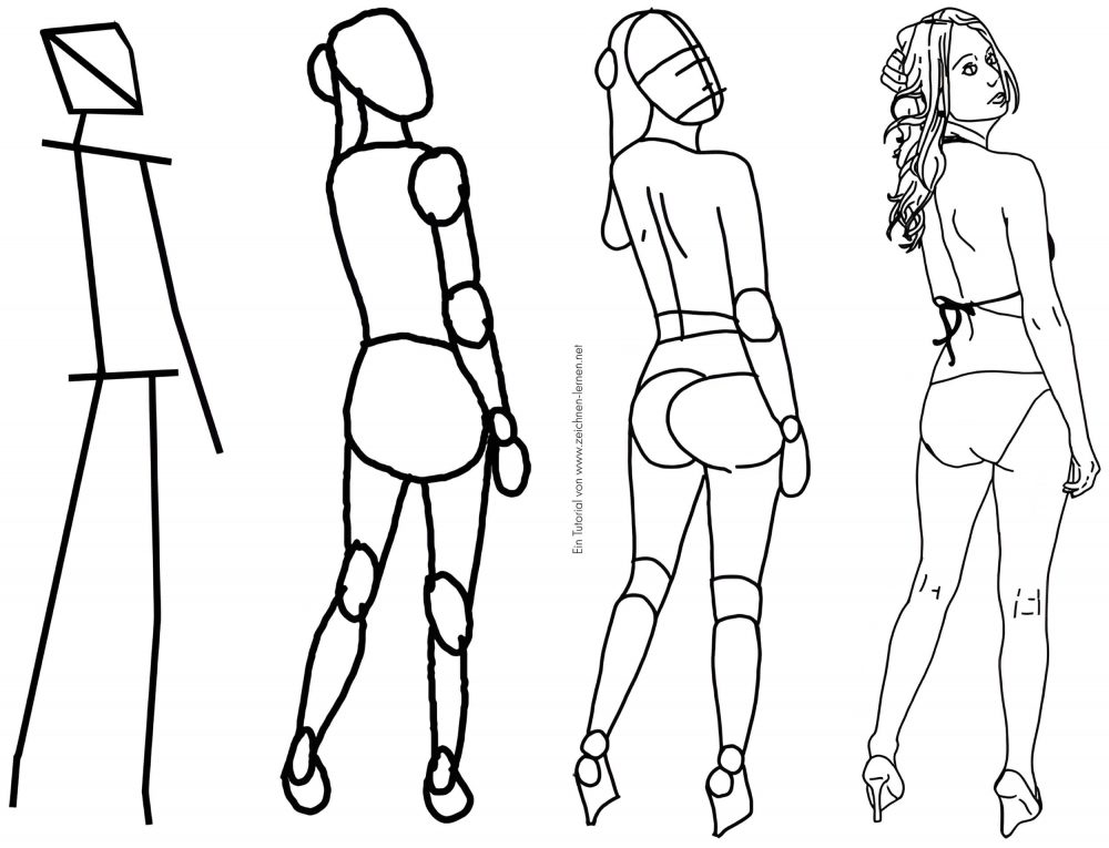 Tutoriel de dessin de posture corporelle et de poses : Dessiner une femme en position jambes écartées vue légèrement arrière
