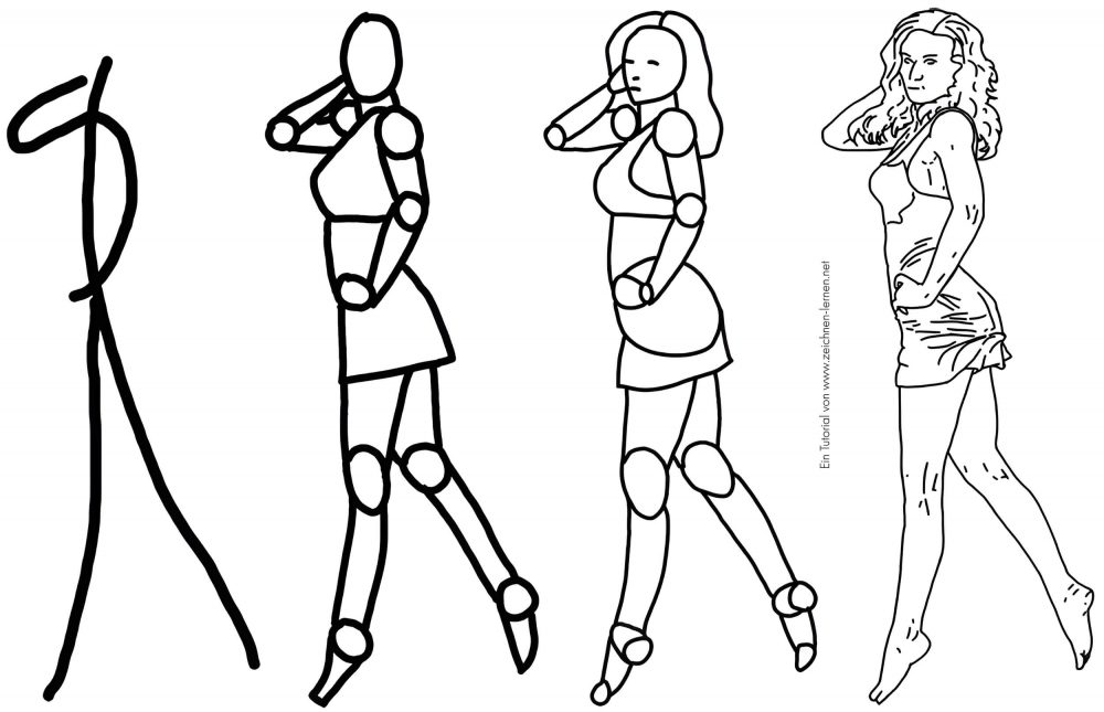 Tutorial de dibujo de postura corporal y poses: Cómo dibujar a una mujer saltando de lado
