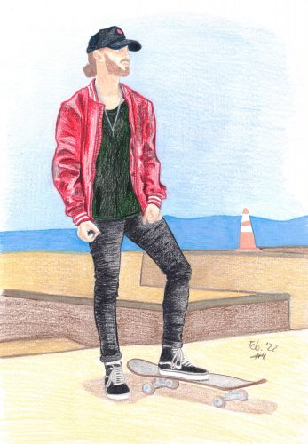 Colored pencil drawing of a young man with a cap and skateboard