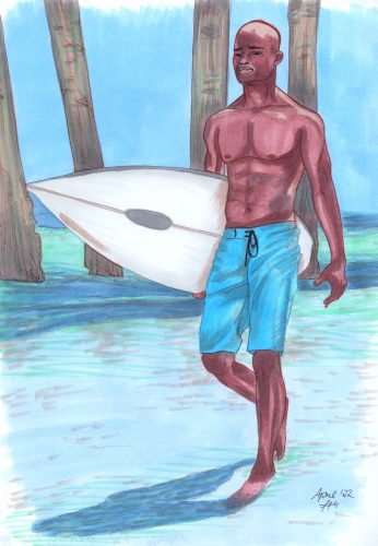 Coloración con marcadores de un hombre con una tabla de surf en la playa