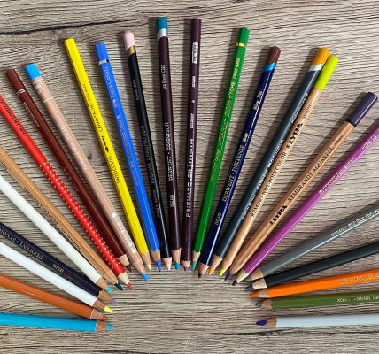 Verschiedene Buntstifte im Verschiedene Buntstifte im Ring - Marken wie DERWENT, Faber-Castell, Caran d'Ache, Prismacolor, Winsor & Newton, Lyra etc.