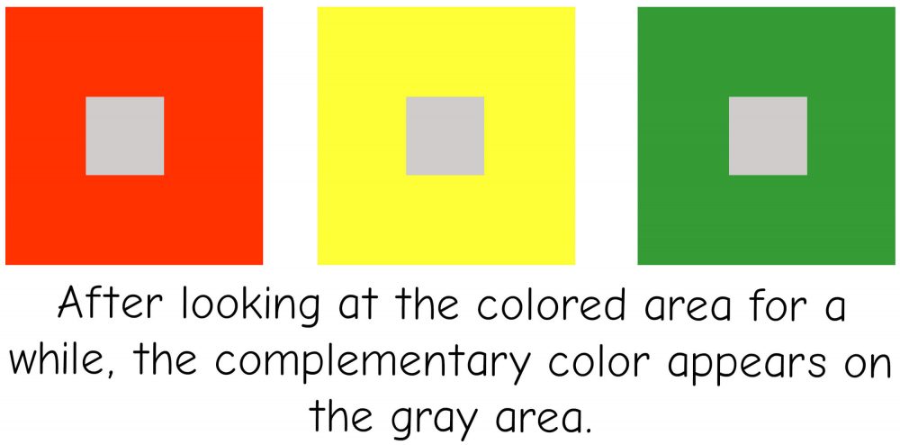 Simultaneous contrast Example 2 with yellow and green colored area on which a gray field is shown.